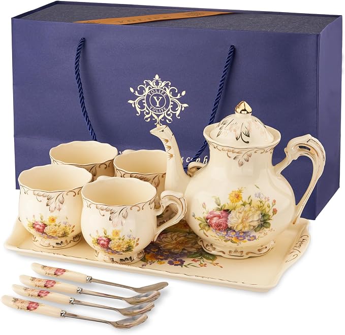 YOLIFE Porcelain Tea Set, Vintage Flowering Shrubs Teapot and Cups Set for Tea Party, Birthday Gifts for Mom Adults Women Wedding