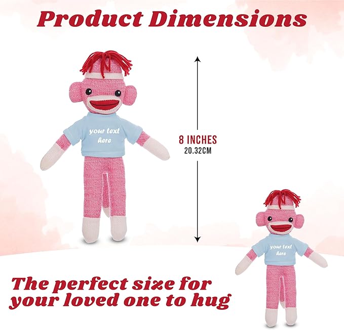 Huggable Pink Sock Monkey 8 Inch Plush Stuffed Animal Personalized Gift - Custom Text on Shirt - Perfect for Halloween Day Valentine's Day Graduation Day Birthday Present (Powder)