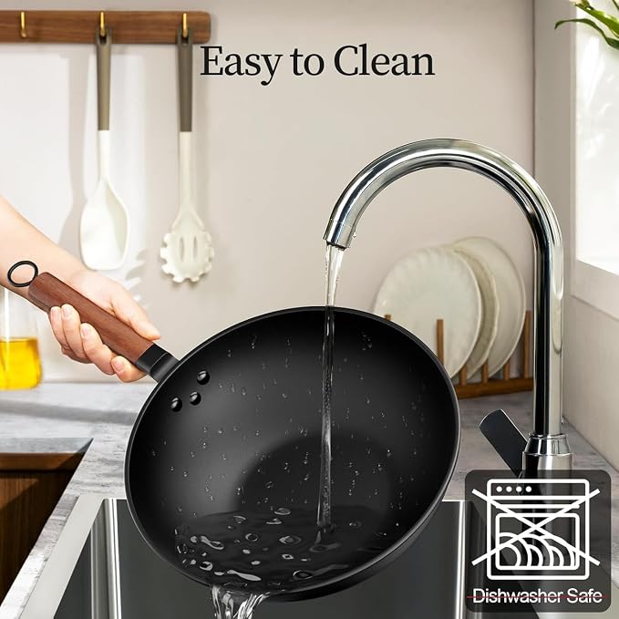 Todlabe Carbon Steel Wok, 13-Inch, Pre-Seasoned, Non-Stick, with Lid and Spatula, Flat Bottom, Ideal for Stovetop Cooking