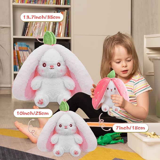 MIAODAM 13.7inch Large Easter Bunny Stuffed Animal, Kawaii Squishy Cute Easter Bunny Plush Turn Into Rabbit Fruit Doll Carrot Strawberry Pillow, Plushies Funny Bunny Toy for Baby Gifts for Girlfriend