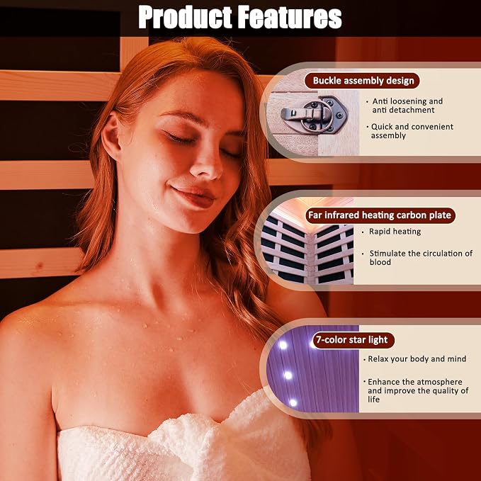 Sauna Far Infrared Saunas 1 Person Low EMF Indoor Personal Sauna | Dry Sauna Room with Starry Lights Ceiling Speakers for Home Gym Spa Fast Heating Easy Assembly 30.7x 30.7x62.2"
