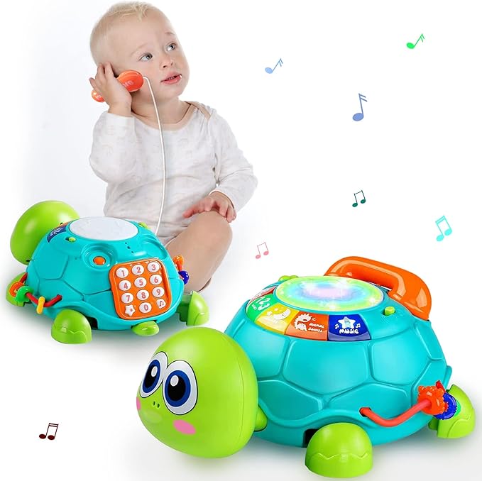 Baby Crawling Toys 6 to 12 Months, Infant Turtle Musical Toys with Phone Hand Drum,Baby 7 8 9 10 11 Months 1-2 Year Old Boy Girl Gift Green
