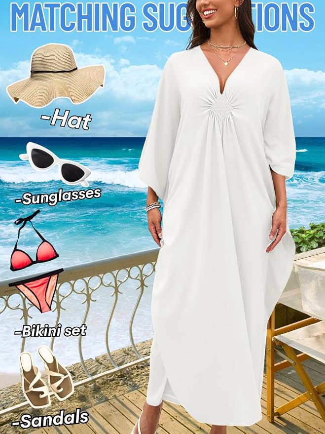 ChiaoLezhee Print Moo-Moos for Women, Kaftan Cover-Up Dresses, Sexy V-Neck High-Slit, Beach Pool-Party Coverups Muumuu Plus