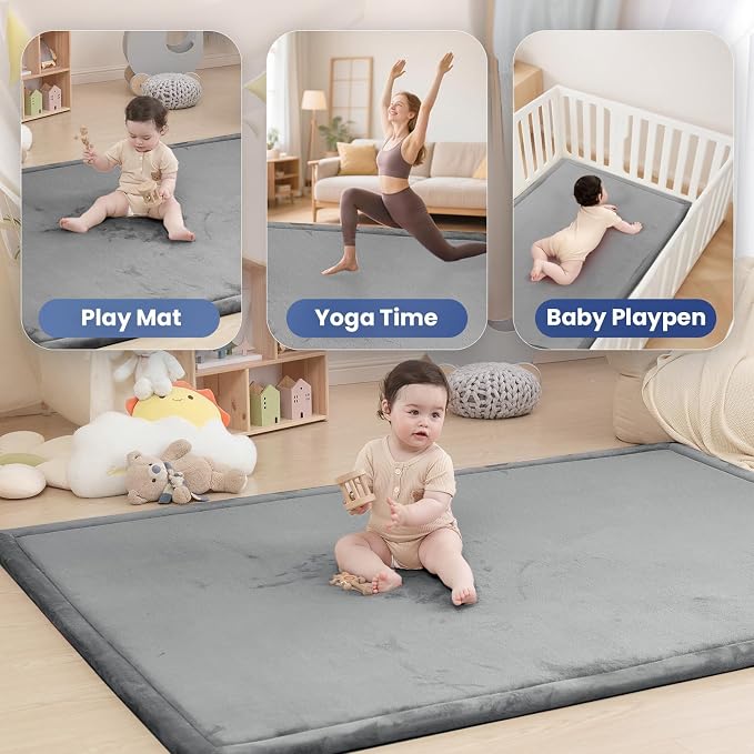 Huloo Sleep Ultra Soft Baby Play Mat for Floor, 1.3" Thick Elasti-Foam 65x50 Play Mat for Playpen,Water-Repellent Coral Velvet for Tummy Time, Non-Slip Backing,Safe for Toddlers & Infants(Dark Grey)