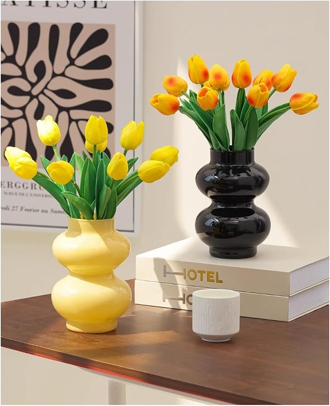 JSPYFITS Glass Hydroponic Flower Vase, Double Balls Colored Glass Bubble Vase for Flower, 7 Inches Glassvase Funky Vase for Home/Office/Weddings/Party Table Flower Décor (Milky Yellow)