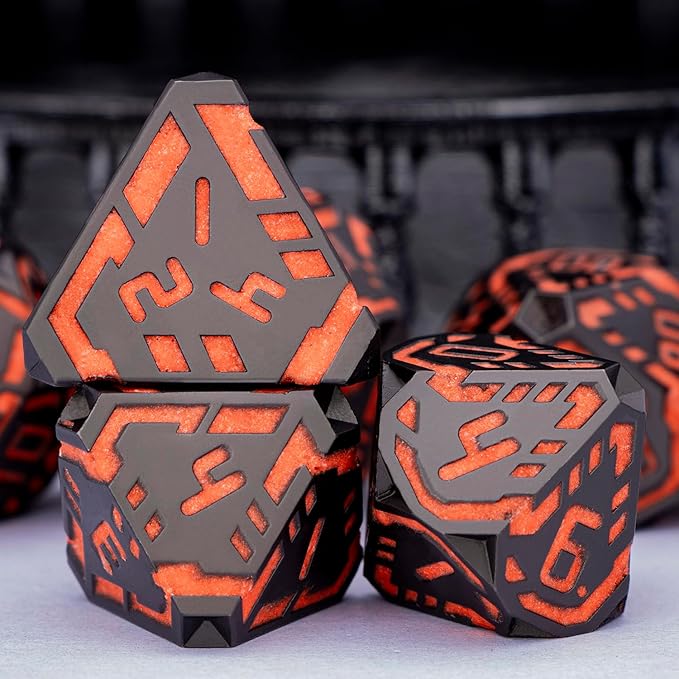 Metal DND Sci-fi Dice Set 7PCS Luminous Orange Stripe Polyhedral Dice for Dungeons Dragons RPG Role Playing Game, Glitter D and D Dice with Gift Box D6 D8 D10 D12 D20