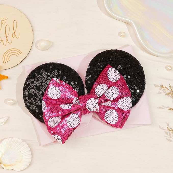 2Pcs Red Baby Girl Large Mouse Ears Dot Headbands with Sequin Bow, Wide Nylon Turban Hairband, Theme Park Headwear, Hair Bow Headband for Toddler, Kids, Party Supplies