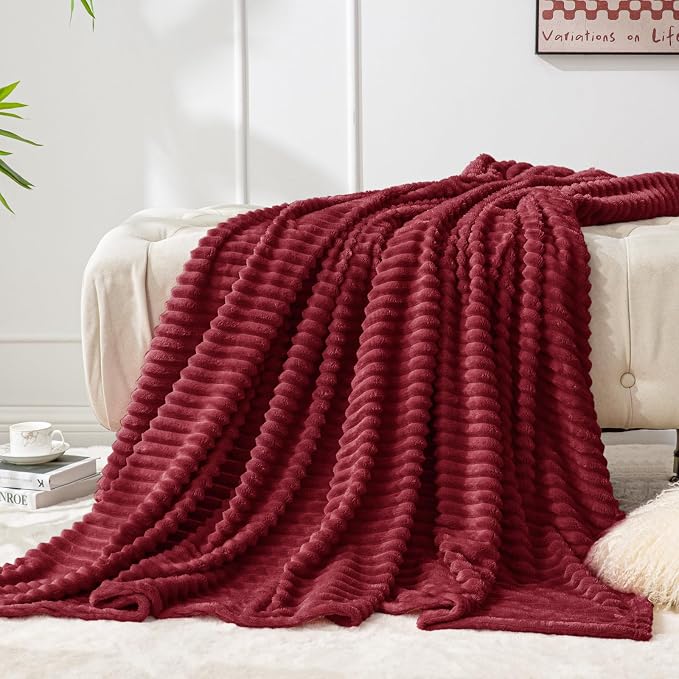 BEDELITE Ribbed Jacquard Burgundy Fleece Twin Blanket for Bed, 60x80 Inch | Soft Warm Decorative Fluffy Blanket, Cozy Plush Lightweight Fuzzy Throw Blanket for Couch Sofa Room Decor, Gift for Women