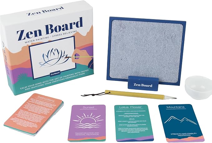Gift Republic Zen Board Mindfulness Water Painting Set Wooden Painting Board, Stand, Ceramic Bowl, Brush & 20 Mindfulness Cards Stress Relief Self-Care Gift for Relaxation & Wellness