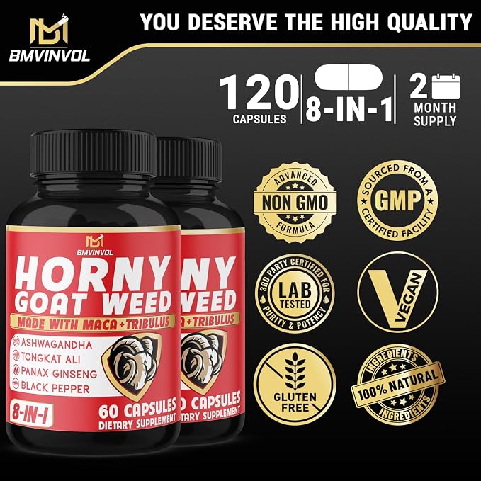 BMVINVOL (2 Packs) Horny Goat Weed Capsules with Maca, Tribulus, Ginseng. Ashwagandha,Tongkat Ali - 8-in-1 for Support Energy Levels