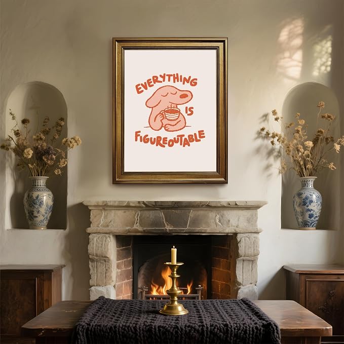Everything Is Figureoutable Motivational Poster Cute Dog Positive Quote Inspirational Wall Art Funny Cartoon Mental Health Coffee Canvas Print for Kids Room Home Decor 24x36inch Gold Framed