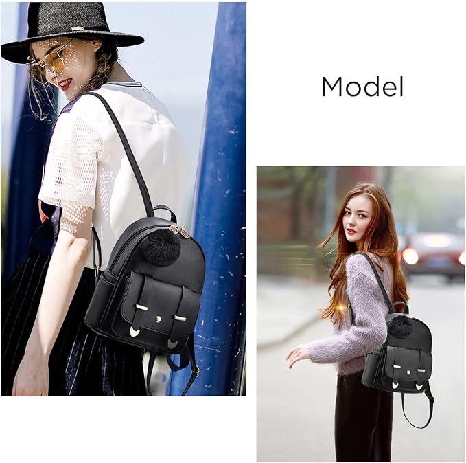 I IHAYNER Girls Fashion Backpack Mini Backpack Purse for Women Teenage Girls Purses PU Leather Pompom Backpack Shoulder Bag