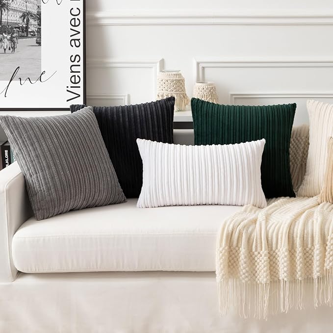 UGASA 12x24 Inch Pillow Cover Pack of 1 Soft Boho Stripe Corduroy Long Rectangular Lumbar Cushion Cover Farmhouse Decorative Throw Pillowcase for Bed, Couch, Sofa, Bedroom, Living Room, Pure White