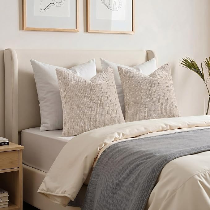 decorUhome Textured Chenille Throw Pillow Covers 20x20 Set of 2 Ivory | Fall Modern Farmhouse Soft Cozy Slubby Couch Pillow Cases Boho Decorative Pillow Cases for Bed Sofa Living Room Home Decor
