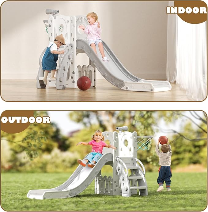 Glaf Toddler Slide 6 in 1 Outdoor Playset Indoor Playground for Kids Toddlers Age 1-3 Baby Slide with Basketball Hoop and Ball Storage Space and Telescope Freestanding Climber Slides Toys (Grey)
