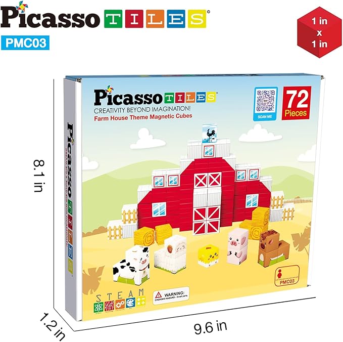 PicassoTiles Magnet Cube Farm House Theme Mix and Match Building Block Construction Toy Barn with 5 Magnetic Cubed Character Action Figure STEM Learning Education Sensory Pretend Play Kid Age 3+ PMC03