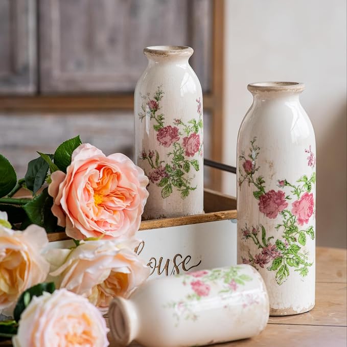 Vintage Vase Set of 3, Ceramic Vintage Flower Vases, Decorative Home Decor Retro Floral Vase Rustic Farmhouse Decor for Table Bookshelf Mantel Kitchen Living Room Office - Pink Flower