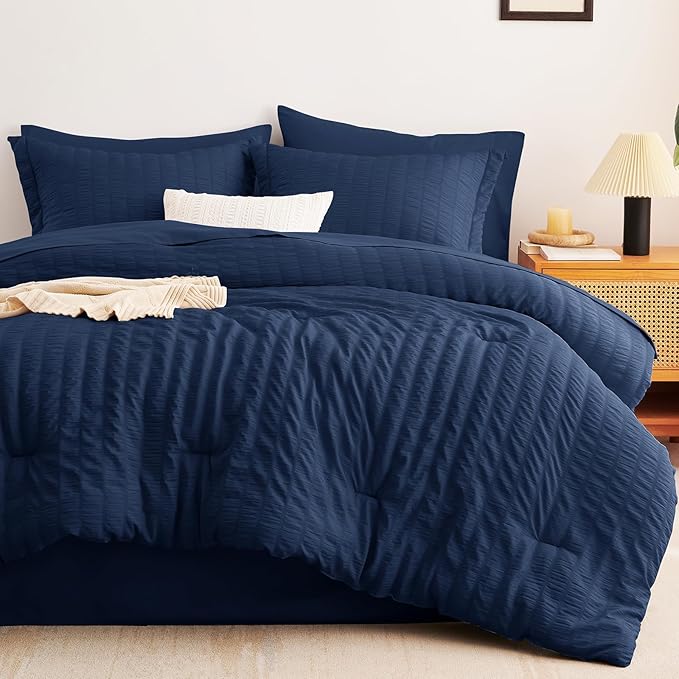 CozyLux Queen Comforter Set Navy Blue Seersucker 7 Pieces Bed in a Bag Queen Comforter Set with Sheets, Luxury Bedding Sets with Down Alternative Comforter, Sheets, Pillowcases & Shams for All Season
