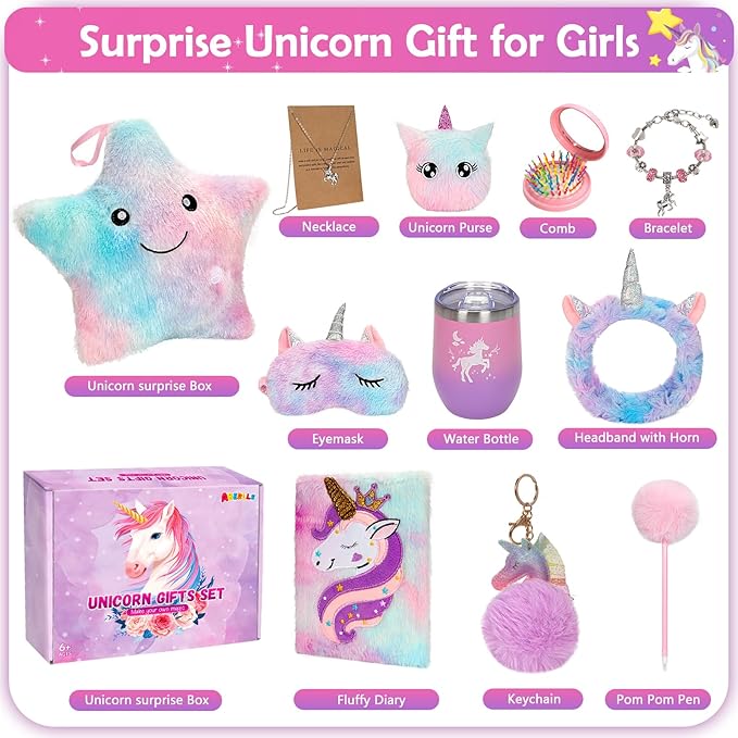 Unicorns Gifts for Girls 5 6 7 8 9 10+ Years Old, Kids Toys Set for Teens Girls Birthday Gifts Christmas, Unicorn Toys with Light Up Soft Plush Star Pillow, Diary Notebook, Headband, Water Bottle