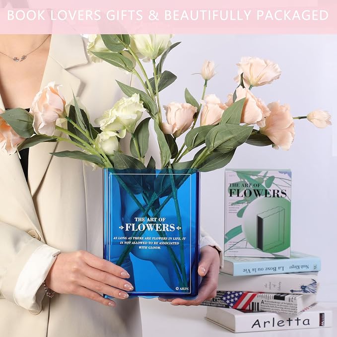 Book-Shaped Vase for Flowers, Book Lovers Gifts Cute Blue Flowers Vases | Aesthetic Room Decor,Must-Have for Home, Bookshelf, Bedroom, Office Decor for Women, Teacher Gift - Like Mothers Day