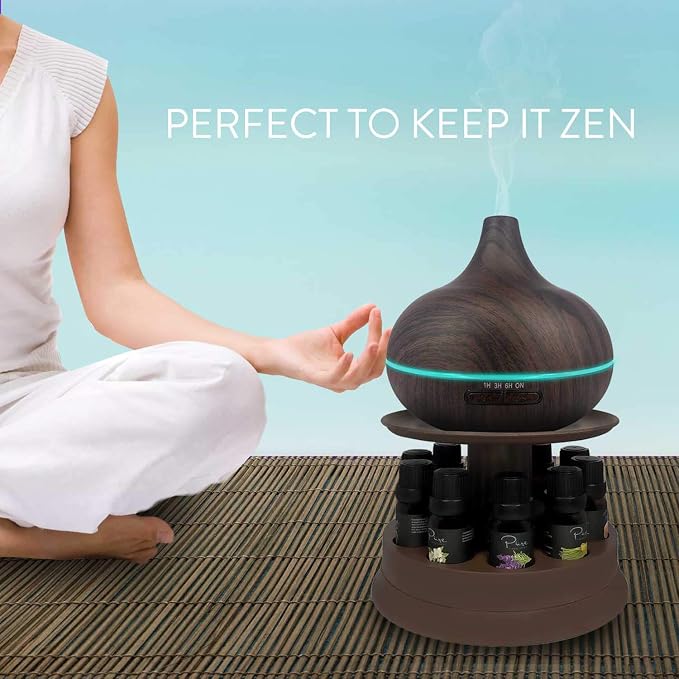 Pure Daily Care Ultimate Aromatherapy Diffuser with Essential Oil Set - 300ml Ultrasonic Diffuser, 4 Timer & 7 Ambient Light Settings - 10 Therapeutic Grade Essential Oils - Oak Wood with Stand