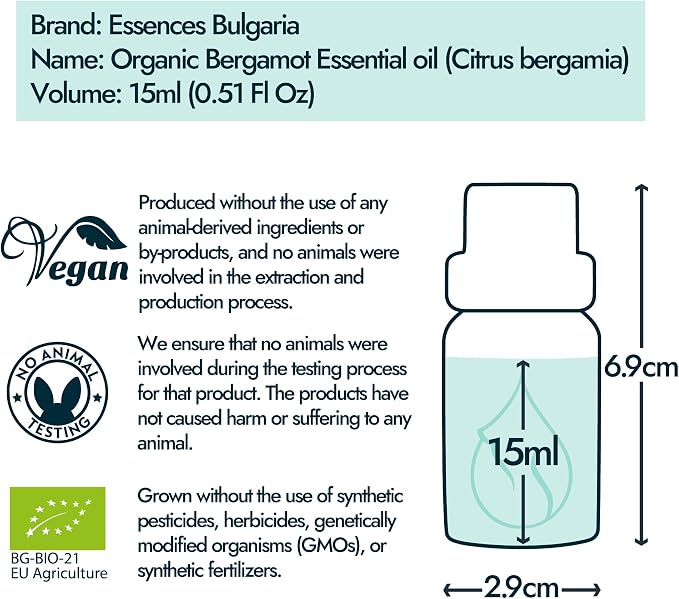 Essences Bulgaria Organic Bergamot Essential Oil 0.51 Fl Oz 15ml Citrus bergamia - 100% Pure and Natural Undiluted Therapeutic Grade Home Aromatherapy Diffuser Oil Massage Soap and Candle Making
