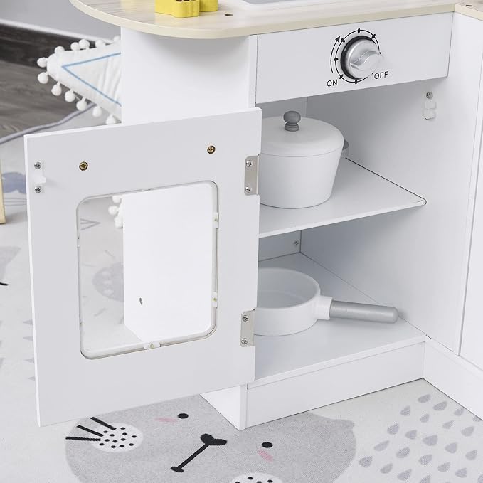 Qaba Corner Kids Kitchen Playset, Wooden Pretend Toy Kitchen Set with Drinking Fountain, Microwave, Fridge and Accessories, Pretend Play Kitchen for 3+ Years, White