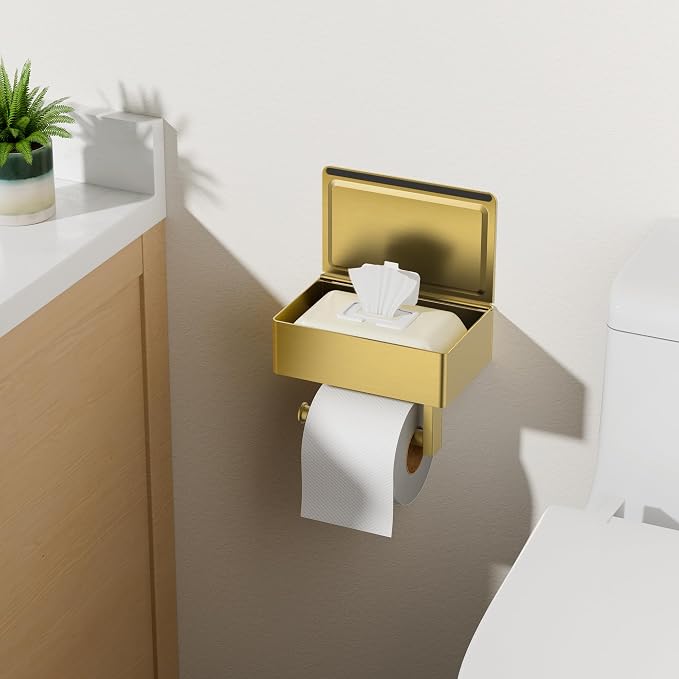FORIOUS Toilet Paper Holder with Shelf, Sanitary Napkin Receptacle Tampon Holder, Wall Mount Toilet Paper Holder with Storage, Flushable Wipes Dispenser Fits for Bathroom Commercial(2, Brushed Gold)
