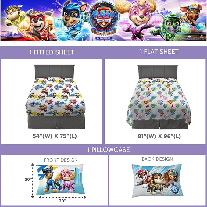 Paw Patrol 2 The Movie Bedding Super Soft Microfiber 4 Piece Full Size Sheet Set, (Official Licensed Product) by Franco