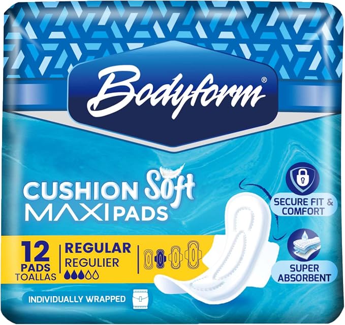 Bodyform Maxi - Value Sanitary Napkins, Cushion Soft Always Comfortable and Ultra-Absorbent (Regular Wings, 144 Count (12 Packs of 12 Counts))