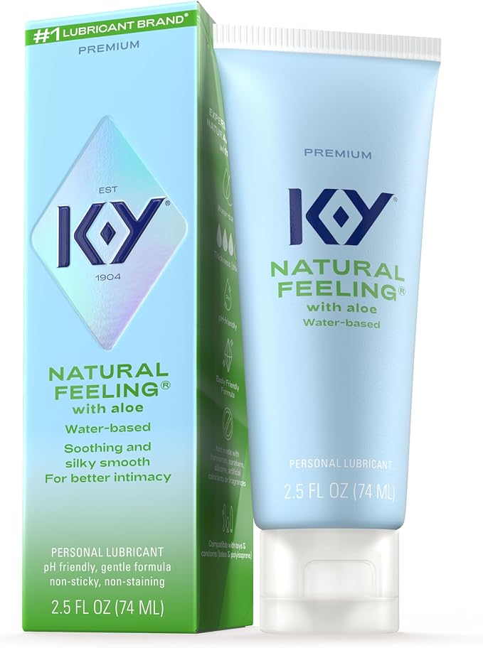 K-Y Natural Feeling with Aloe, Water Based Lube for Sex, Sex Toy & Anal Lube, Non-Sticky Personal Lubricant, Condom-Friendly, pH-Friendly, Travel Size Lubricant, 2.5 Fl Oz