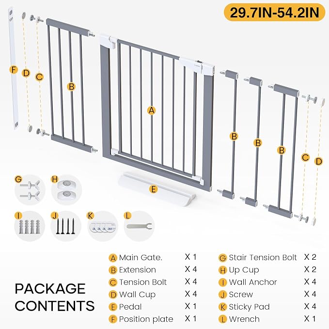 Cumbor 29.7-54.2" Wide Baby Gate for Stairs, Auto-Close Dog Gate Indoor for Doorways, No Drilling Pressure Mounted Pet Gates for Kids, Easy Walk Through Safety Gate, Gray