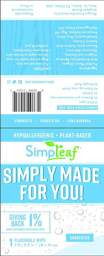 Simpleaf Flushable Unscented Single Pack Wet Wipes | Eco-Friendly Paraben & Alcohol Free | Hypoallergenic & Safe for Sensitive Skin | Soothing Aloe Vera Formula | (30 x 4 Single Pack Wipes)