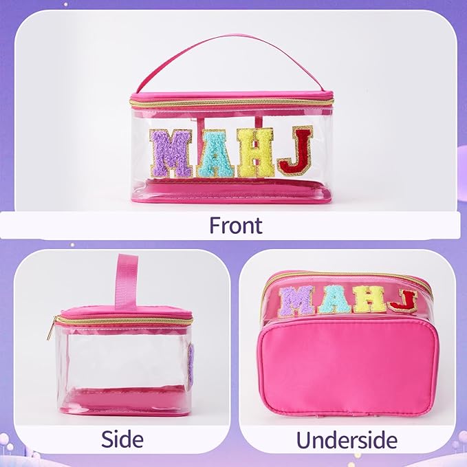 Handheld Mahjong Tile Bag, PVC Clear Mahjong Bag for 166 American Mahjong Tiles, Waterproof Mah Jong Case with Zipper & Lettters for Game Lover Gift Travel, Case Only(Hot Pink)