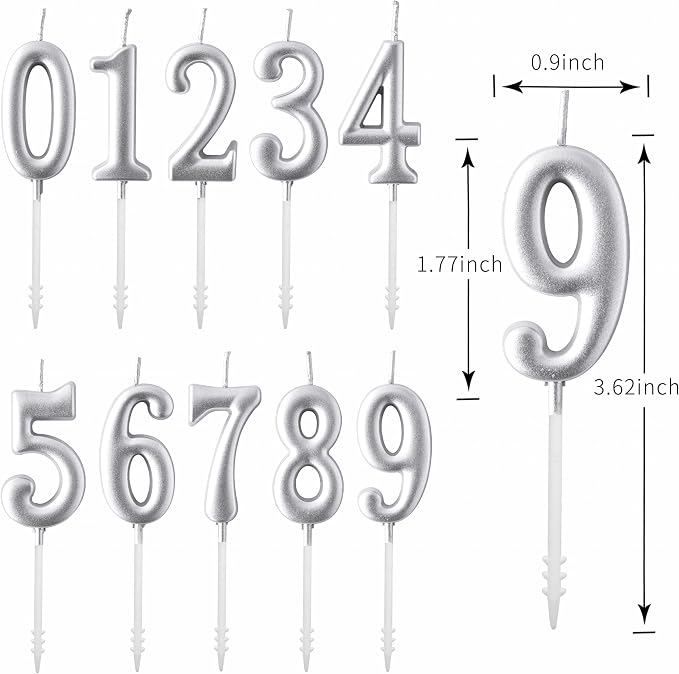 PHD CAKE 10-Pieces Silver Numeral Birthday Candles, Cake Numeral Candles Number 0-9 Glitter Cake Topper Decoration for Birthday,Wedding Anniversary,Party Celebration