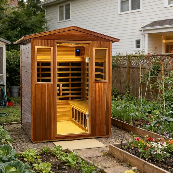 Kanlanth Outdoor Sauna 4 Person Low EMF Far Infrared Sauna for Home, 2050W Mahogany Wooden Sauna Room for Outdoor Indoor Home, with Blue-Tooth, LCD, LED