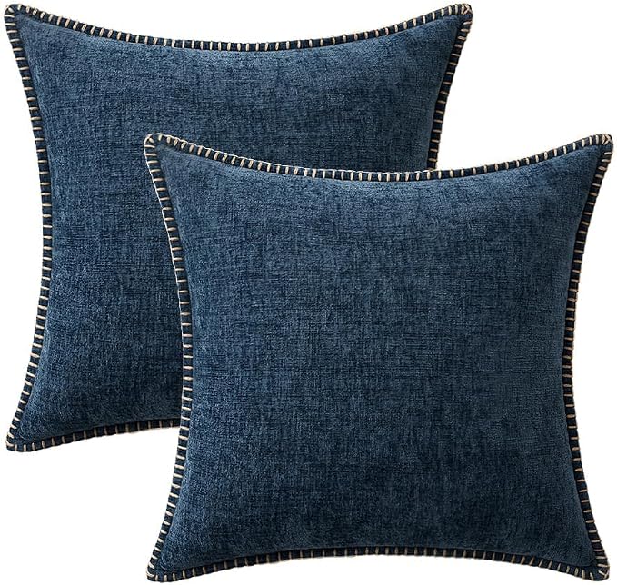 MIULEE Decorative Couch Throw Pillow Covers 18x18 Inch Dark Blue 2 Pack | Farmhouse Pillow Covers with Stitched Edge, Soft Chenille Cushion Cases, for Sofa Bed Living Room Home Decor