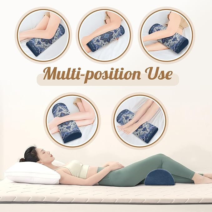 Knee Pillow for Back Sleeping – Half Moon Bolster Pillow for Under Knee While Sleeping Support, Leg & Back Pain Relief (21.5x9x5 Inches)