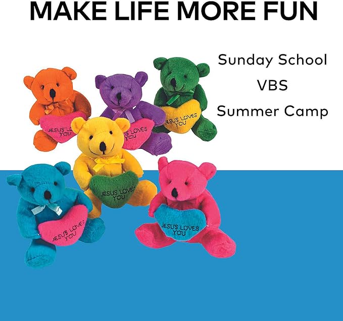 Fun Express Jesus Loves You Plush Religious Bears with Heart - 12 Pack Small Teddy Bears for Christian Party Favors, Baptism Gifts & Sunday School Prizes | 4.25" Mini Stuffed Animals Bulk Set