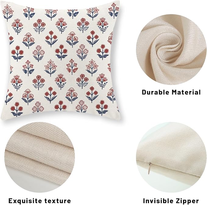 Red Blue Pillow Covers 20x20 Inch Set of 2 Patriotic 4th of July Throw Pillows Vintage Flower Boho Block Print Floral Decorative Pillow Cases Outdoor Linen Cushion Cover for Couch Sofa Decor