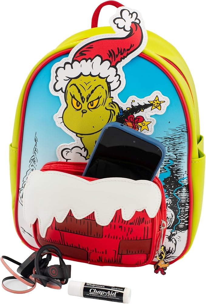 AI ACCESSORY INNOVATIONS The Grinch Mini Cosplay PU Backpack Purse, Shoulder Bag with Epoxy Filled Metal Max Charm, 10.5 Inch, Adjustable Straps, Faux Leather