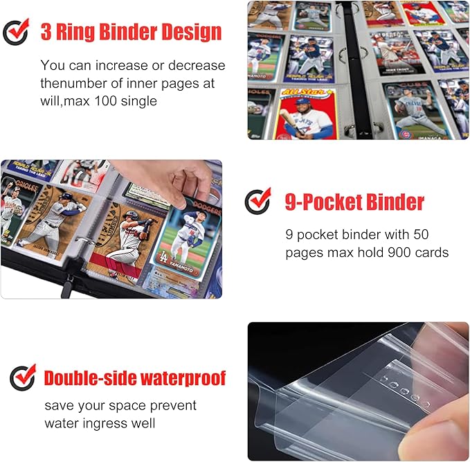 900 Pockets Baseball Card Binder, Portable Waterproof Storage Album with Removable Sleeves for Baseball Sports Cards 2025 2026 Collectors