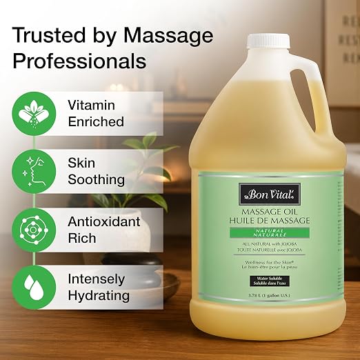 Bon Vital Naturale Massage Oil Made with Natural Ingredients for an Earth-Friendly Massage, Revives and Rehydrates Dry Skin Naturally, with Green Tea Extract, 1 Gal, Label may Vary