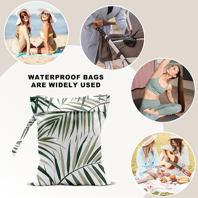 Wet Dry Bag 12x10 Inch, Wet Bag for Swimsuit, Travel, Beach, Pool, Diapers, Dirty Yoga Gym Clothes, Makeup Bags, Waterproof Tropical Palm Leaves Decor Jungle Palm Leaf Favors, Washable Reusable