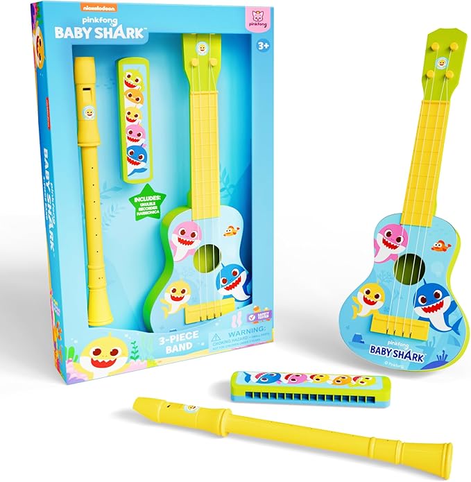 Lollipop Baby Shark 3-Piece Band - Harmonica, Ukulele, Flute | Toddler Musical Instruments Set - Great for Kids and Toddlers