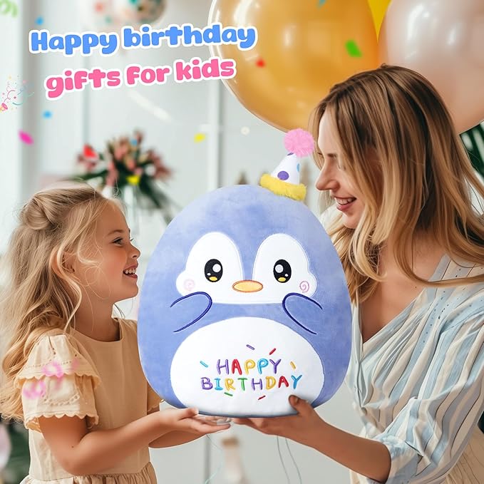 13“ Birthday Penguin Plush Pillow,Penguin Stuffed Animal, Soft Plushies Pillow Toys, Cute Happy Birthday Plush Toy Gifts for Kids Party Decor