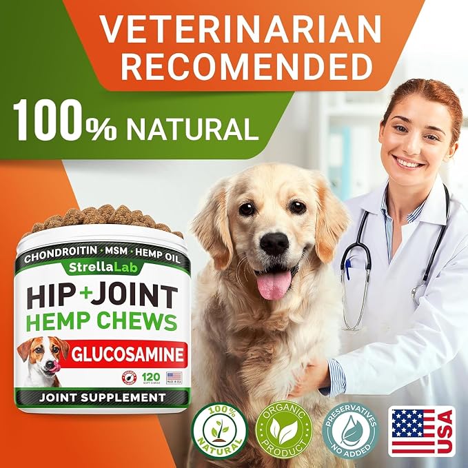 Advanced Hemp + Glucosamine Dog Joint Supplement - Hip Joint Pain Relief - Mobility Chews for Dogs - Chondroitin, MSM, Omega - Made in USA - Lamb Flavor - 120 Hemp Treats