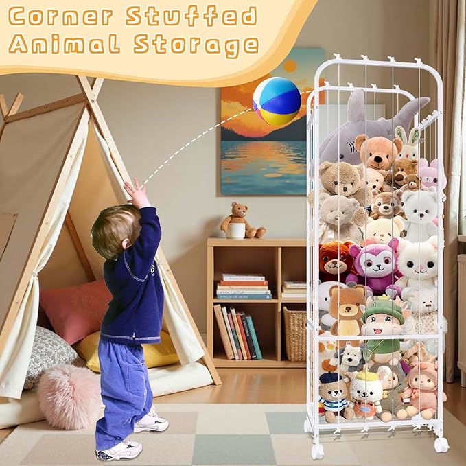 Metal Tube Stuffed Animal Holder, Large Stuffed Animal Storage, White Plushies Storage Elastic Band, Toys Organizer with 360° Brake Wheels for Nursery, Kids Room, Playroom