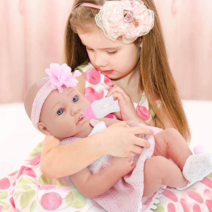 UNICORN ELEMENT 14 Inch Reborn Baby Girl Doll with Baby Doll Clothes and Accessories, Reborn Vinyl Body 14” Dolls Playsets, with Pacifier, Feeding Bottle Etc,Gift for Girls Toddlers 3+