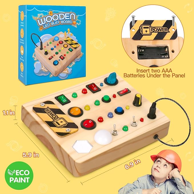 Busy Board Montessori Toys for Toddler, Wooden Sensory Board Switch Toy with Shape Sorter LED Light Up Toys Educational Plane Travel Activity for Girls & Boys